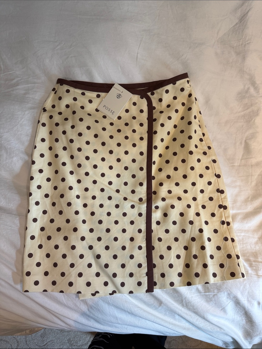 Posse Cream Polka Dot Pencil Skirt with Brown Trim